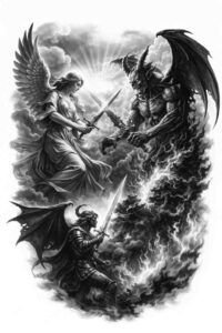 Angel and demon battle in high-contrast black and grey, a project idea tattoo, ideal for a cover-up.