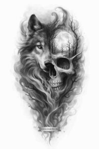 Black and grey tattoo design featuring a skull morphing into a wolf with wispy smoke, presented as a project idea; highly suitable for cover-up.