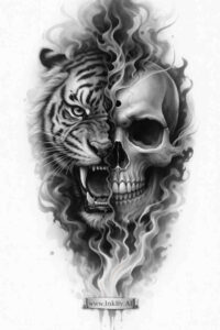 Black and grey tattoo design showing a tiger head morphing into a skull, surrounded by smoke; an AI-generated project idea, perfect for cover-up.