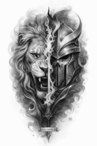 Lion head on the left and knight helmet on the right with a central dagger, rendered in black and grey; AI-generated tattoo design concept; cover-up-ready.