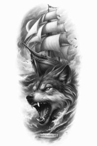 A grayscale wolf and ship tattoo concept in black and grey realism, presented as a project idea.