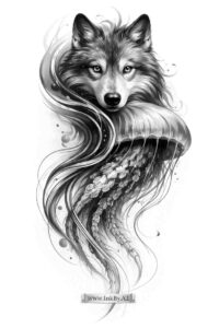 Black and grey tattoo design featuring a wolf head morphing into a koi-tail, AI-generated concept tattoo, perfectly suited for cover-up.
