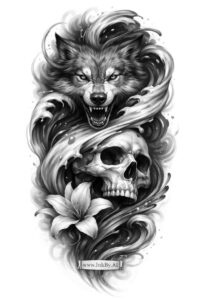 Black and grey realism tattoo concept: a wolf head above a skull with flowers; AI-generated project idea, cover-up ready.
