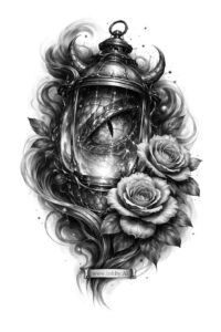 Black and grey tattoo design of an armored helmet entwined with roses, shown as a project idea.
