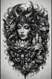 Black and grey surreal tattoo concept with a goddess center, crown, wolf heads, floral motifs; AI-generated cover-up-ready design.