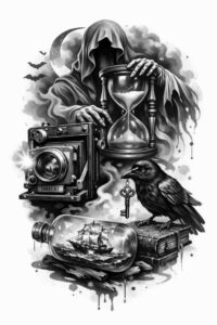 Grayscale black and grey tattoo design of a hooded grim reaper with an hourglass, raven, vintage camera and skull; AI-generated concept for a cover-up-ready project.