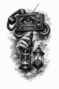 Eye in Lens tattoo design in black and grey, AI-generated concept; project idea with a hand gripping a camera, an eye in the lens, and hanging lanterns on a chain, cover-up ready.