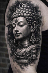 Buddha head portrait in black and gray shading with ornate jewelry on the upper arm, grayscale tattoo design concept, AI-generated.