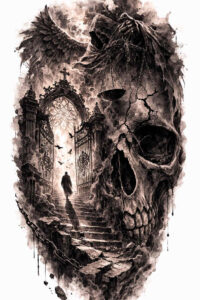 Black and grey tattoo design depicting a skull formed by intertwining branches; a project idea suitable for cover-up.
