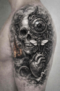 Black and grey AI-generated project featuring a skull with gears and a heart-like core; perfect for a cover-up.