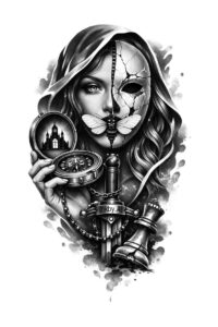 Face portrait with hair and embedded gear and blade in a biomechanical design, black and grey, AI-generated concept for a tattoo idea; perfect for cover-up.