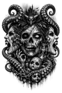 Black and grey demon tattoo design idea with a horned skull and surrounding skulls; AI-generated project concept, perfect for cover-up.