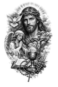 Jesus Christ in grayscale with IHS and chalice, tattoo design concept, black and grey, project idea.
