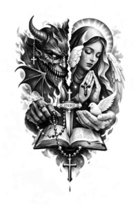 Demon with horns and a veiled saintly woman over an open book with a cross, in black and grey; AI-generated tattoo idea; cover-up suitable.