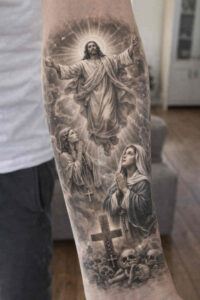 Virgin Mary in black and grey, a project concept tattoo featuring crosses and skulls; AI-generated; cover-up suitable.