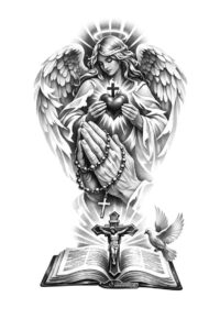 Black and grey tattoo featuring an angel with wings over an open Bible and cross, grayscale concept for a tattoo project.