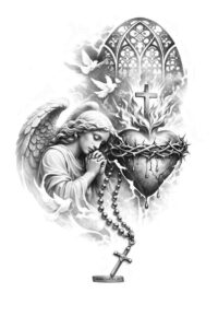 Angel and heart tattoo design in black and grey, project idea.
