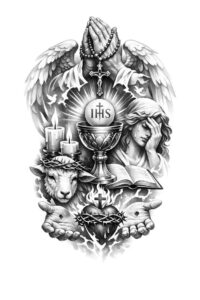 Black and grey tattoo design; project idea showing a central robed figure with IHS monogram, wings, skull, and roses; ideal for cover-up.