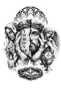 Black and grey tattoo design showing a central cross with a clock face, Mary on the left and Jesus on the right, a mandala above, and a crown of thorns; AI-generated project, cover-up friendly.