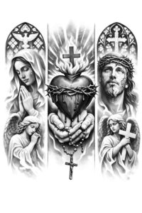 Mary and baby Jesus on the left, cross with Sacred Heart in the center, and crowned saint on the right in black and grey tattoo design; AI-generated project; cover-up ready.