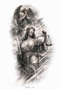 Lady Justice figure in black and grey, scales and sword, robe-wrapped form; grayscale tattoo design concept for a project, AI-generated.