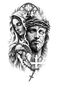Mary and Jesus faces with a cross and crown of thorns in black and grey; AI-generated concept for a cover-up-ready tattoo.