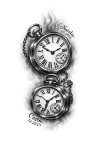 A black and grey realism pocket watch tattoo design featuring two linked watches, presented as a project idea.