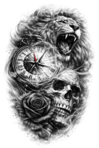 Black and grey tattoo idea featuring a snarling wolf head merged with a skull, a compass rose, and a rose, in a project-ready concept for cover-up.
