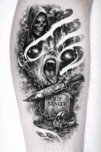 Black and gray tattoo design project idea, features a skull-faced reaper with a hood and cloak, surrounded by orbs; monochrome composition with cover-up potential.