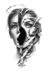 A grayscale biomechanical tattoo design showing a split portrait: left half a realistic human face, right half gears and mechanical elements; black and grey; concept/idea, AI-generated.