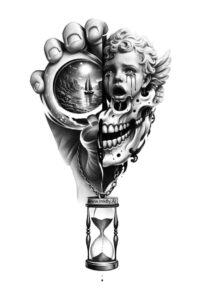 Hand gripping a skull with an hourglass pendant in black and grey; an AI-generated tattoo design concept for a future project.