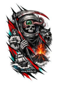 Hooded grim reaper with skull face, blade, and flames in black and grey shading; AI-generated project idea; cover-up ready.