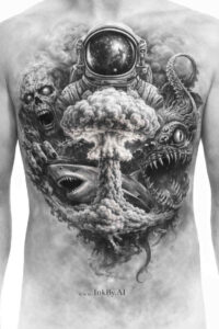 Black and grey mushroom cloud tattoo design with an orb above dense smoke; AI-generated concept, cover-up friendly.