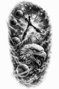 Dark black and grey tattoo in progress, AI-generated concept; features a dragon with a central figure and orbiting orbs; cover-up friendly.