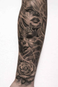 Portrait of a woman in black and grey with roses, grayscale sleeve concept, project idea, perfect for cover-up.