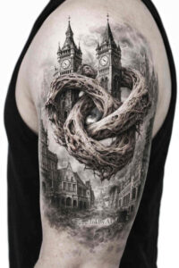 Black and grey tattoo on upper arm featuring a cityscape with towers and a dragon; a project idea, cover-up-ready.