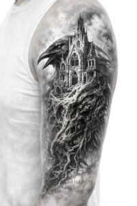 Castle on a rocky cliff with a moon, in black and grey, concept tattoo design; cover-up suitable.