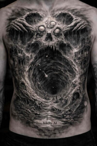Demon head with horns on the chest in black and grey; AI-generated project idea; cover-up ready.