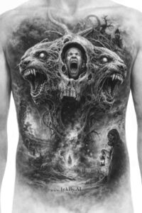 Black and grey tattoo on the chest depicting two wolves flanking a central circular portrait; a dark cover-up ready project.