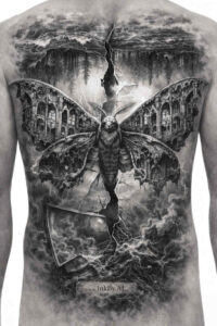 Dark grey back tattoo design of an angel with outstretched wings in black and grey, AI-generated project idea, perfect for cover-up.