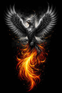Phoenix with black wings and blazing orange flames, color tattoo design concept (AI-generated) for cover-up.