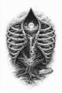 High-contrast black and grey tattoo design featuring a skeletal ribcage with a central orb and rising silhouette, AI-generated concept sketch; perfect for cover-up.