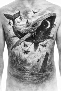 Black and grey tattoo design featuring a surreal eye and koi on the chest; a concept project, ideal for cover-up.