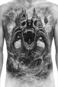 Dark demon with temple towers and a screaming mouth in black and grey; AI-generated project idea, cover-up ready.