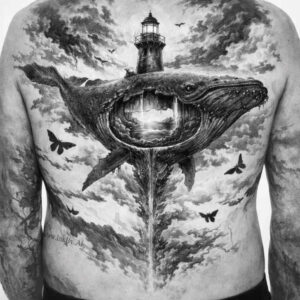 Black and grey tattoo on the chest featuring a turtle with a lighthouse on its shell and birds; AI-generated concept, project idea, perfect for cover-up.