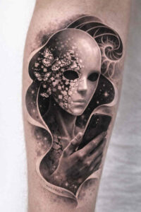 Portrait of a woman with skull motif and floral accents in black and grey; AI-generated concept, project idea, suitable for cover-up.