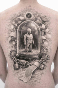 Buddha statue inside an arched shrine, surrounded by vines and roses, rendered in black and grey; project idea.