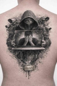 Hooded monk praying before a framed window in grayscale, black and grey tattoo design concept; project/idea with cover-up potential.