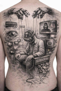 Black and grey surreal collage tattoo design with a central figure, hands, an eye, a frame, and a TV screen; AI-generated project, cover-up ready.