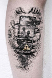 Black and grey biomechanical car tattoo design featuring a vintage car frame, gears, and a warning sign; AI-generated concept for a cover-up.